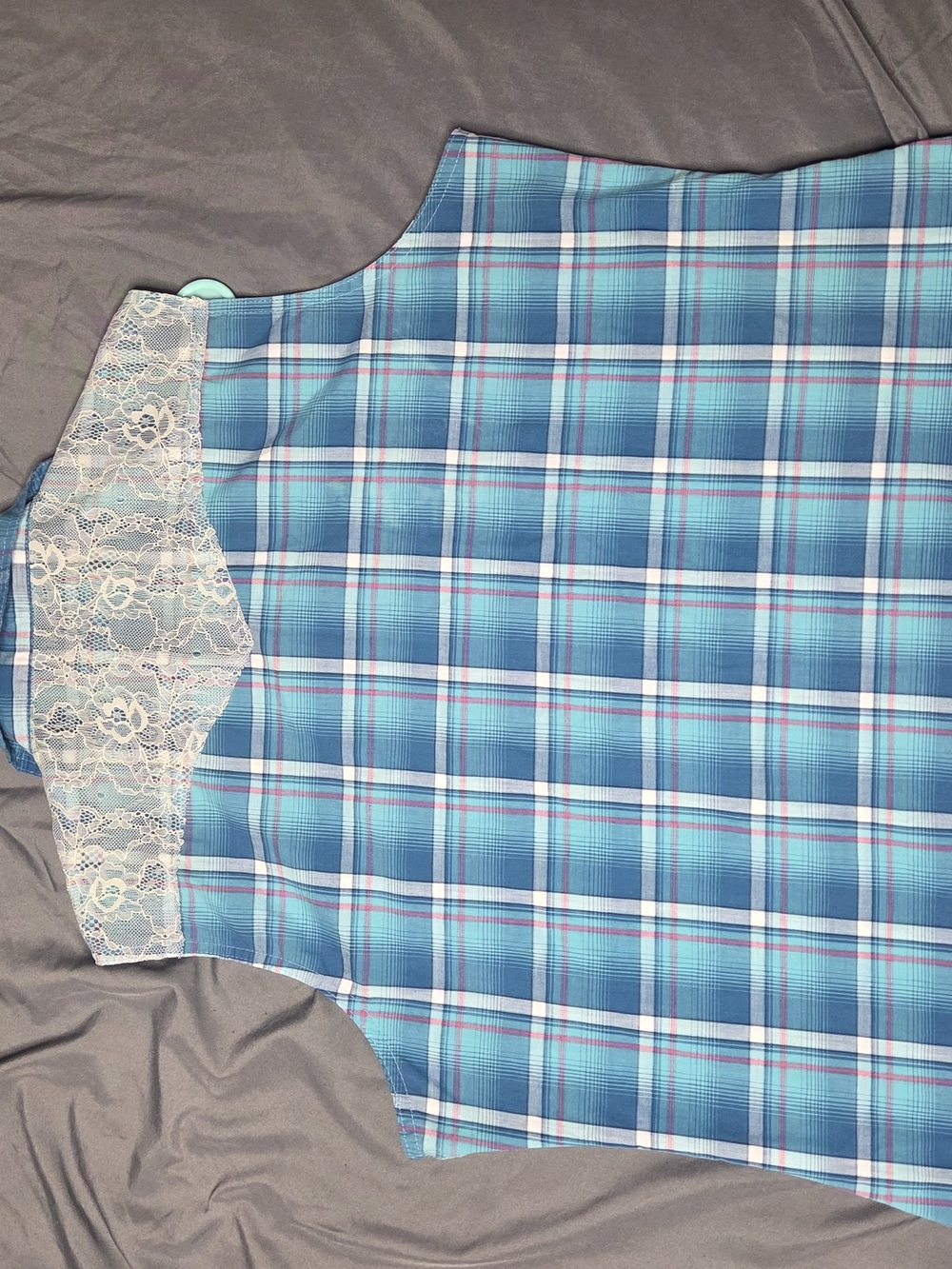 Wrangler Western Sleeveless Plaid Snap Button Shirt XL Lace Yoke Blue - Picture 6 of 6